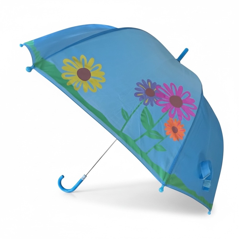 Girls Kids Umbrella Blue Floral Flowers Sun Curved Handle Rain Gear 22.5 Inch